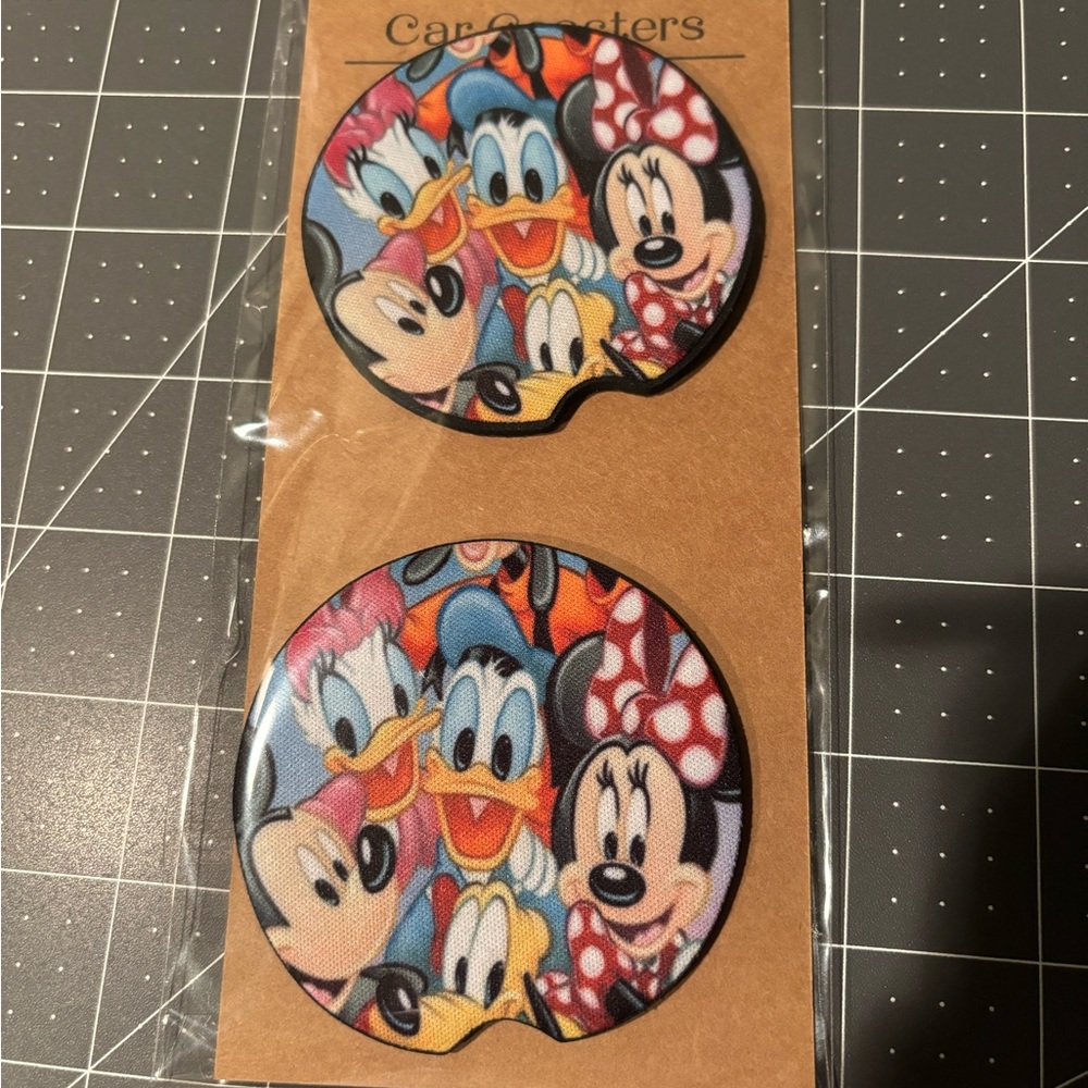 Disney Character Car coasters. Handmade. Rubber-fabric
